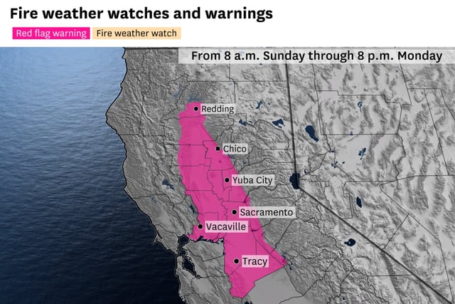 A red flag warning is in effect through 8 p.m. Monday for the Sacramento Valley and parts of the interior Bay Area. 