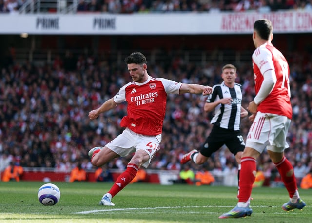Soccer Football - Premier League - Arsenal v Newcastle United - Emirates Stadium, London, Britain - May 18, 2025 Arsenal's Declan Rice scores their first goal Action Images via Reuters/John Sibley