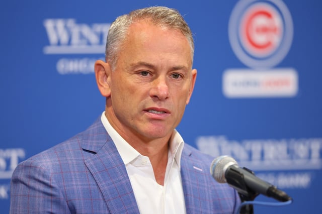 CHICAGO, ILLINOIS - OCTOBER 01: Chicago Cubs President of Baseball Operations Jed Hoyer speaks to the media during a press conference at Wrigley Field on October 01, 2024 in Chicago, Illinois. (Photo by Michael Reaves/Getty Images)