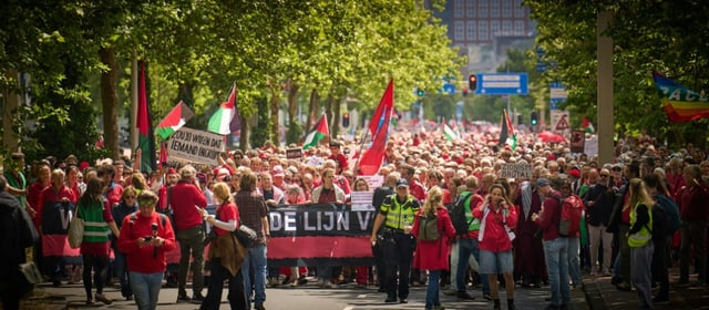 Many protesters wore red as part of the organisers' call to 'draw a red line for Gaza'