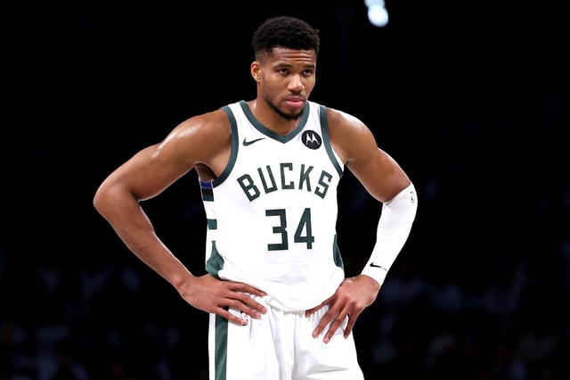NEW YORK, NEW YORK - OCTOBER 27: #34 of the Milwaukee Bucks reacts against the Brooklyn Nets during the fourth quarter at Barclays Center on October 27, 2024 in the Brooklyn borough of New York City.  Antetokounmpo could be moved if the season doesn&#39;t turn around.