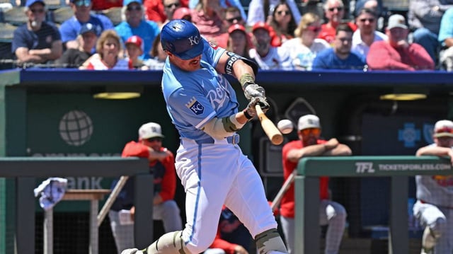 Kansas City Royals right fielder Hunter Renfroe (16) doubles in the fourth inning against the St. Louis Cardinals at Kauffman Stadium on May 18, 2025.