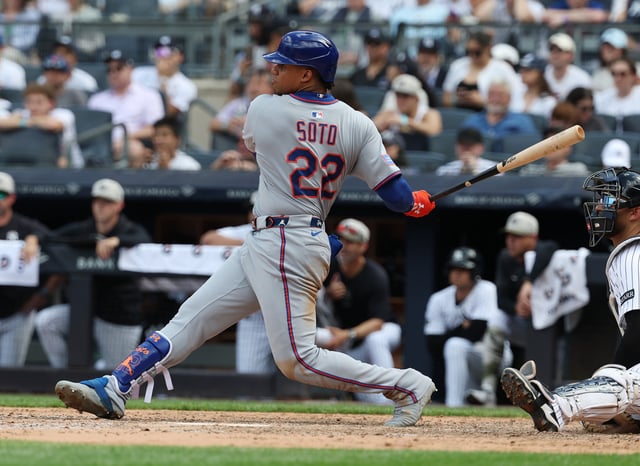 Juan Soto #22 of the New York Mets bats against the New York Yankees during their game at Yankee Stadium on May 17, 2025 in New York City.