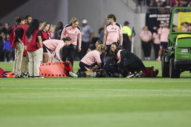 May 9, 2025; Los Angeles, California, USA; Medical staff attend to Angel City FC defender Savy King (3) during the second half of a soccer game against the Utah Royals at BMO Stadium. Mandatory Credit: Jessica Alcheh-Imagn Images/File Photo