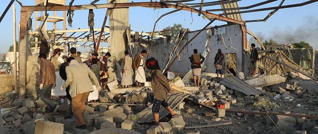 Yemenis inspect the rubble of a building hit in US strikes in the northern province of Saada on April 28, 2025. Huthi media in Yemen said on April 28 that US strikes targeted a migrant detention centre in Saada, killing at least 68 people. (Photo by AFP) (Photo by -/AFP via Getty Images)