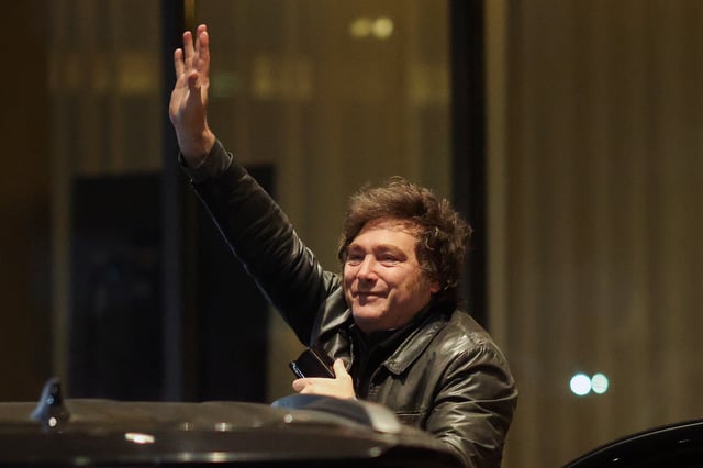 Argentina's President Javier Milei gestures, on the day of the legislative elections of the city of Buenos Aires, Argentina, May 18, 2025. REUTERS/Tomas Cuesta