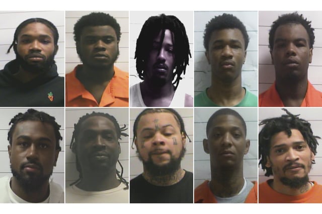 This combo from photos provided by Orleans Parish Sheriff&#39;s Office shows from left top: Dkenan Dennis, Gary C Price, Robert Moody, Kendell Myles, Corey E Boyd. Bottom from left: Lenton Vanburen Jr, Jermaine Donald, Antonine T Massey, Derrick D. Groves, and Leo Tate Sr.