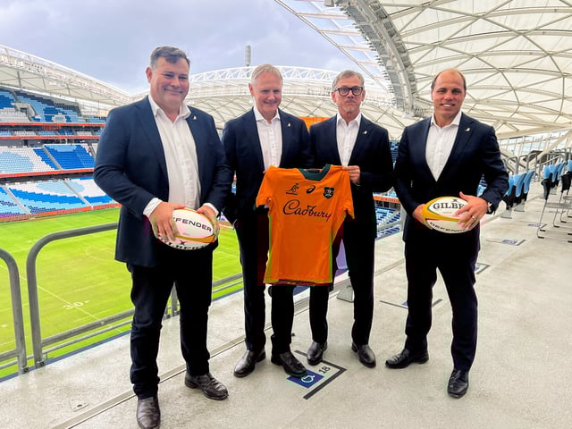 Rugby Australia Director of High Performance Peter Horne, Australian National team Rugby Union coach-in-waiting Les Kiss, Australian National Rugby Union team current coach Joe Schmidt and Rugby Australia Chief Executive Phil Waugh pose at Sydney Football Stadium in Sydney, Australia April 30, 2025 . REUTERS/Nick Mulvenney/File Photo