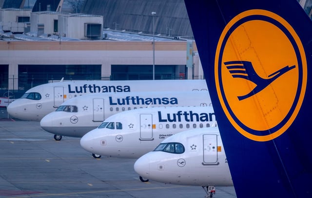 Lufthansa aircrafts are parked at the airport in Frankfurt, Germany, on Thursday, March 7, 2024.