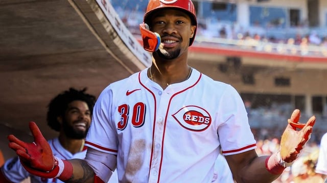 May 18, 2025; Cincinnati, Ohio, USA; Cincinnati Reds outfielder Will Benson (30) reacts after hitting a solo home run in the sixth inning against the Cleveland Guardians at Great American Ball Park. Mandatory Credit: Katie Stratman-Imagn Images