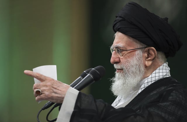 In this photo released by an official website of the office of the Iranian supreme leader, Supreme Leader Ayatollah Ali Khamenei speaks during a meeting with teachers, in Tehran, Iran, Saturday, May 17, 2025.