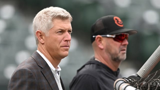 Executive vice president and general manager Mike Elias, left, pictured with manager Brandon Hyde in April, must decide during the next week how much top-end young talent he&#39;d be comfortable parting with to acquire an established major leaguers who could bolster the Orioles&#39; chances of making a deep 2023 playoff run.