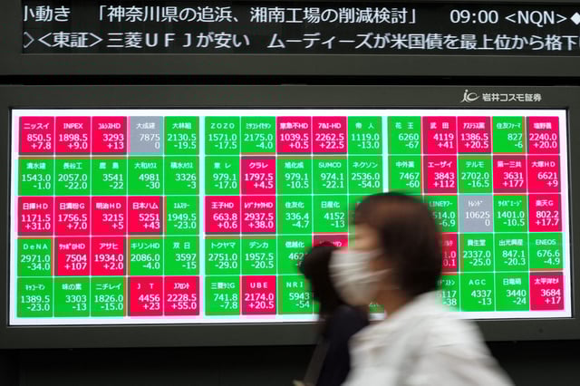 Pedestrians walk past an electronic board showing the Nikkei 225 index on the Tokyo Stock Exchange along a street in central Tokyo on May 19, 2025.