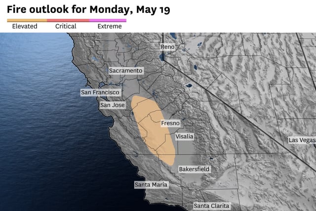 The risk of fire weather risk will spread southward through the Central Valley on Monday. 