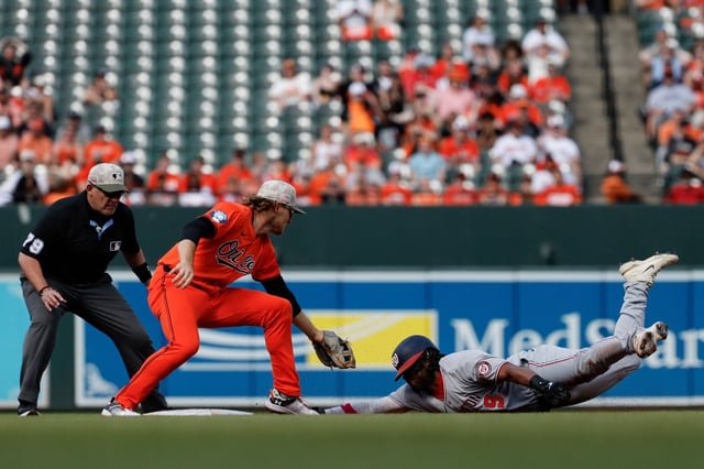 Washington Nationals&#39; Josh Bell, right, advances to second base after hitting a single against Baltimore Orioles pitcher Kyle Gibson and avoids a tag by Orioles shortstop Gunnar Henderson, second from left, during the first inning of a baseball game in Baltimore, Saturday, May 17, 2025. (AP Photo/Terrance Williams)
