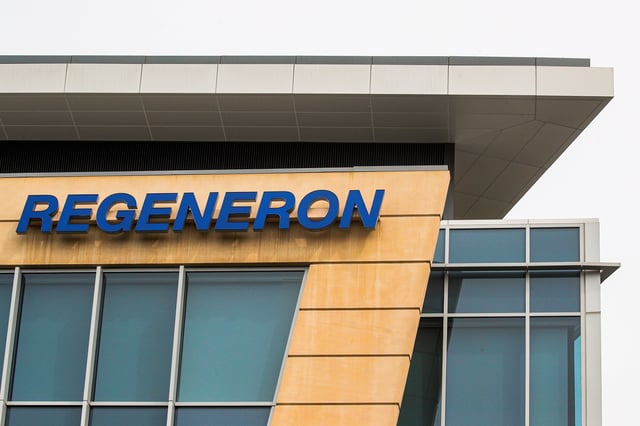 The Regeneron Pharmaceuticals company logo is seen on a building at the company's Westchester campus in Tarrytown, New York, U.S. September 17, 2020. Picture taken September 17, 2020. REUTERS/Brendan McDermid