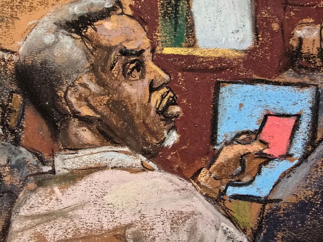 Sean "Diddy" Combs and his defense team pass notes during the cross examination of Casandra "Cassie" Ventura during Combs' sex trafficking trial in New York City, New York, U.S., May 16, 2025 in this courtroom sketch. REUTERS/Jane Rosenberg