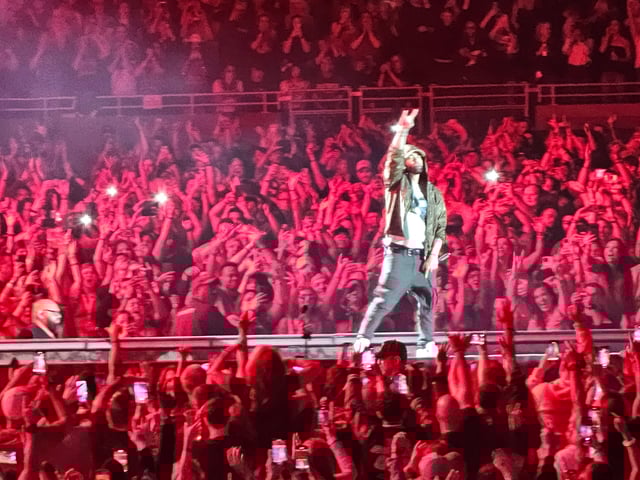 Eminem makes an appearance at Ford Field during Jelly Roll's concert on Sunday, May 18, 2025.