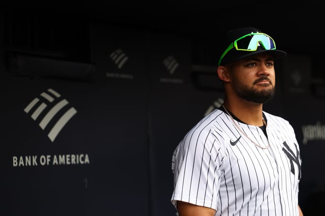 NEW YORK, NY - MARCH 30: Jasson Domínguez #24 of the New York Yankees looks on before the game against the Milwaukee Brewers at Yankee Stadium on March 30, 2025 in New York, New York. (Photo by New York Yankees/Getty Images)