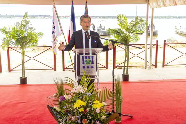 France's Minister of Justice Gerald Darmanin delivers a speech during his visit in Saint-Laurent-du-Maroni, French Guiana, on May 18, 2025. On May 17, 2025, the French Minister of Justice Gerald Darmanin announced that a 500-place high-security prison would be opened by 2028 in Saint-Laurent-du-Maroni, in the heart of the Guiana jungle, to house prisoners serving the longest sentences for drug trafficking as well as radicalised inmates. (Photo by Ronan LIETAR / AFP) (Photo by RONAN LIETAR/AFP via Getty Images)          