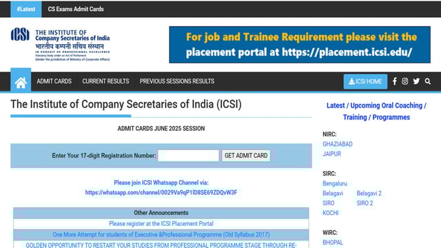 ICSI CS June Admit Card 2025 released at icsi.edu, download link here