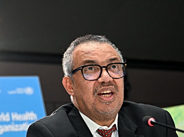 World Health Organization (WHO) chief Tedros Adhanom Ghebreyesus looks on during a press conference on the World Health Organization's 75th anniversary in Geneva, on April 6, 2023. (Photo by Fabrice COFFRINI / AFP) (Photo by FABRICE COFFRINI/AFP via Getty Images)