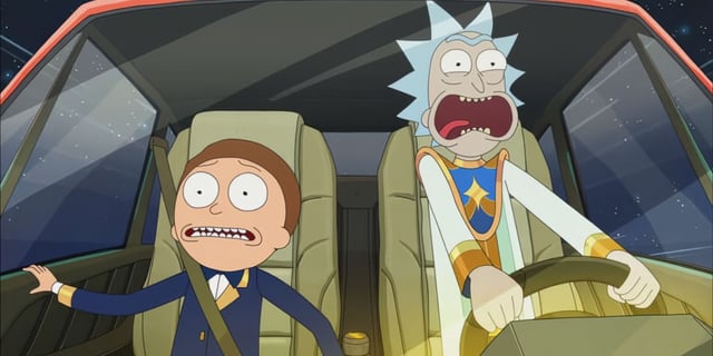 Rick and Morty screaming in a spaceship in Season 8