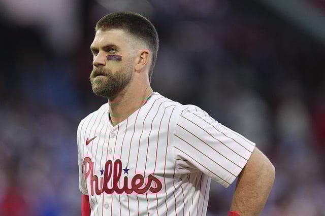 PHILADELPHIA, PENNSYLVANIA - MAY 12: Bryce Harper #3 of the Philadelphia Phillies looks on against the St. Louis Cardinals at Citizens Bank Park on May 12, 2025 in Philadelphia, Pennsylvania. The Cardinals defeated the Phillies 3-2. (Photo by Mitchell Leff/Getty Images)