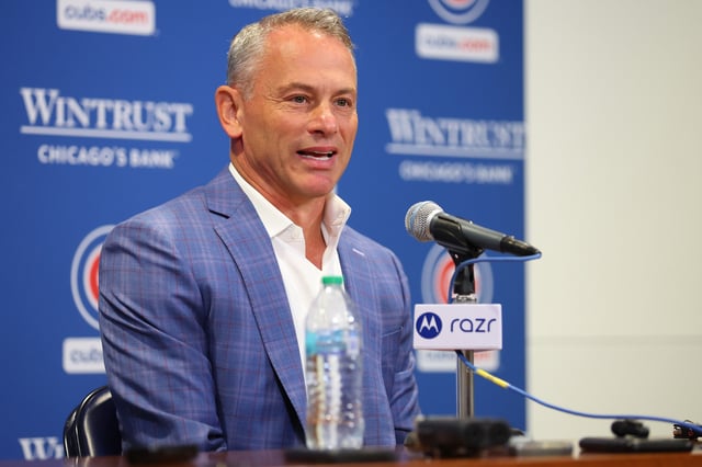 CHICAGO, ILLINOIS - OCTOBER 01: Chicago Cubs President of Baseball Operations Jed Hoyer speaks to the media during a press conference at Wrigley Field on October 01, 2024 in Chicago, Illinois. (Photo by Michael Reaves/Getty Images)