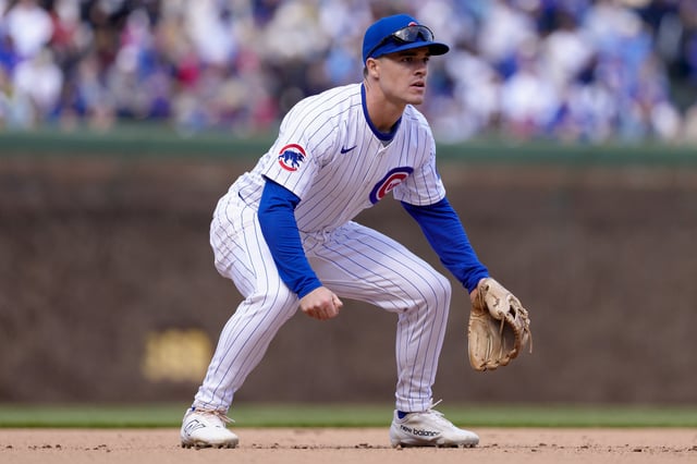 CHICAGO, ILLINOIS - APRIL 6: Matt Shaw #6 of the Chicago Cubs plays third base in a game against the San Diego Padres at Wrigley Field on April 6, 2025 in Chicago, Illinois.