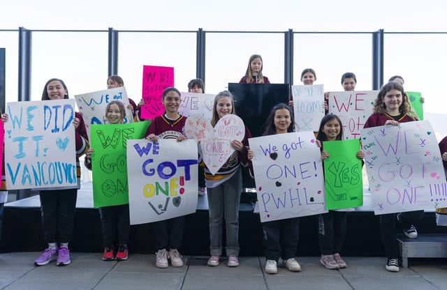 Member of the Vancouver Angels girls ice hockey team help announce that the PWHL will be expanding to Vancouver during a press event in Vancouver, on Wednesday April 23, 2025. The new team will begin play in the 2025-26 season. THE CANADIAN PRESS/Rich Lam