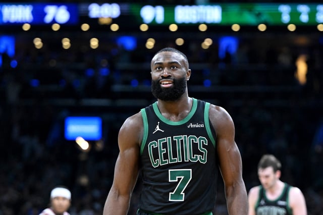 BOSTON, MASSACHUSETTS - MAY 14: Jaylen Brown #7 of the Boston Celtics reacts against the New York Knicks during the third quarter in Game Five of the Eastern Conference Second Round NBA Playoffs at TD Garden on May 14, 2025 in Boston, Massachusetts.