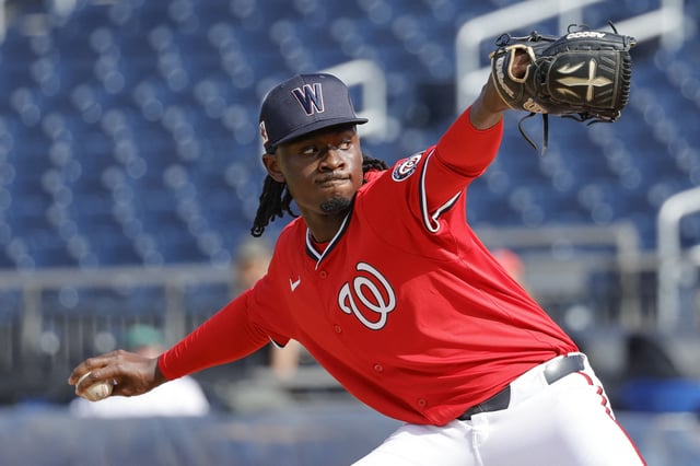 Feb 26, 2025; West Palm Beach, Florida, USA; Washington Nationals pitcher Marquis Grissom Jr. throws a pitch during the ninth inning against the Houston Astros at CACTI Park of the Palm Beaches. Mandatory Credit: Reinhold Matay-Imagn Images/File Photo