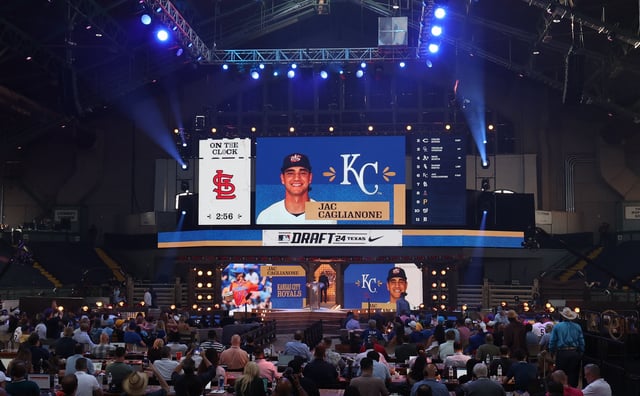 Jul 14, 2024; Ft. Worth, TX, USA; The Kansas City Royals draft  Jac Caglianone as the sixth pick during the first round of the MLB Draft at Cowtown Coliseum. Mandatory Credit: Kevin Jairaj-USA TODAY Sports/File Photo