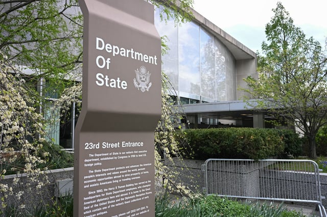 An exterior view of the US Department of State headquarters in the Foggy Bottom neighborhood in Washington, DC, on April 15, 2025.