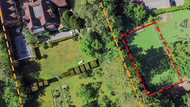 Marie-Anne and Mohamed Bakhaty said that “about 140” footballs landed in their garden, left, from the school’s five-a-side pitch, outlined in red, over an 11-month period