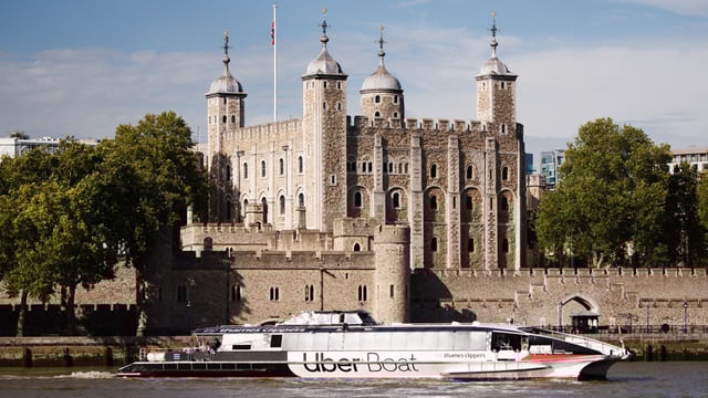 An Uber Boat by Thames Clippers service passes the Tower of London. The cross-river ferry carries about 10,000 passengers daily