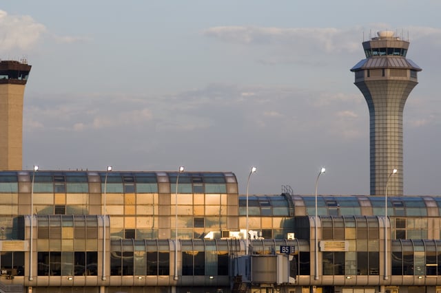 The bright colorful sun reflects off of the terminal building at Chicago’s O’hare Airport in Illinois.