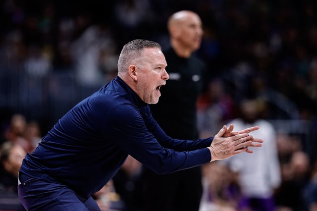 Mar 5, 2025; Denver, Colorado, USA; Denver Nuggets head coach Michael Malone reacts in the fourth quarter against the Sacramento Kings at Ball Arena. Mandatory Credit: Isaiah J. Downing-Imagn Images