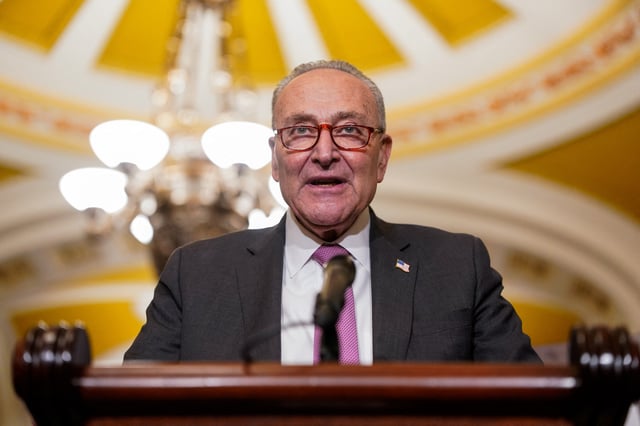 U.S. Senate Minority Leader Chuck Schumer (D-NY) speaks, following the weekly Senate caucus luncheons, on Capitol Hill in Washington, U.S., April 29, 2025. REUTERS/Nathan Howard/File Photo
