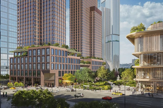 An early rendering of a residential housing development by Related Companies, off 11th Avenue, looking to the west, at Hudson Yards on Manhattan's West Side. While gaming giant Wynn Resorts has left the project, development plans continue, with even more housing in the offing.
