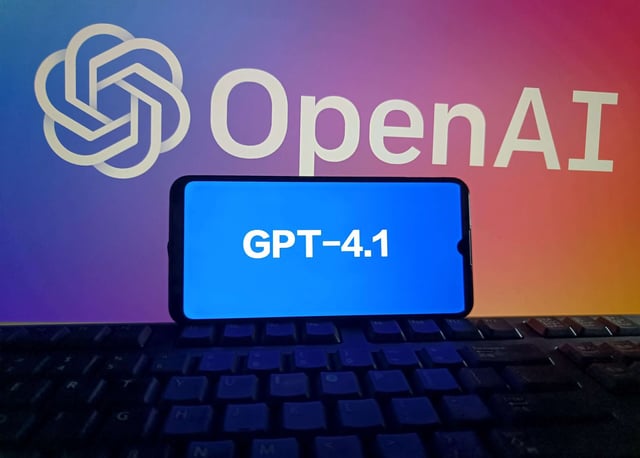 The logo of GPT-4.1 is displayed on a smartphone screen with OpenAI logo in the background on May 15, 2025, in Suqian, Jiangsu Province of China.