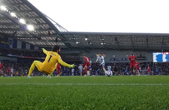 Soccer Football - Premier League - Brighton & Hove Albion v Liverpool - The American Express Community Stadium, Brighton, Britain - May 19, 2025 Brighton & Hove Albion's Yasin Ayari scores their first goal past Liverpool's Alisson Becker Action Images via Reuters/Matthew Childs