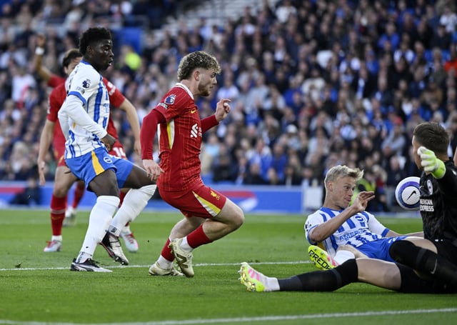 Soccer Football - Premier League - Brighton & Hove Albion v Liverpool - The American Express Community Stadium, Brighton, Britain - May 19, 2025 Liverpool's Harvey Elliott scores their first goal past Brighton & Hove Albion's Bart Verbruggen REUTERS/Tony O Brien