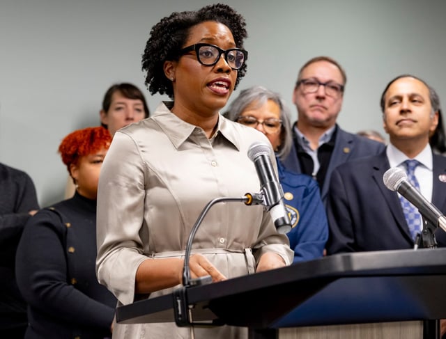 U.S. Rep. Lauren Underwood of the 14th District speaks on Feb. 17, 2025, as Illinois officials gathered to oppose federal budget cuts to services. (Brian Cassella/Chicago Tribune)