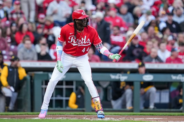 Elly De La Cruz #44 of the Cincinnati Reds bats in the first inning against the Pittsburgh Pirates at Great American Ball Park on April 12, 2025 in Cincinnati, Ohio.