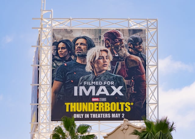 General view of a billboard above the El Capitan Entertainment Centre promoting the new Marvel Studios film ‘Thunderbolts*’ May 02, 2025 in Hollywood, California.