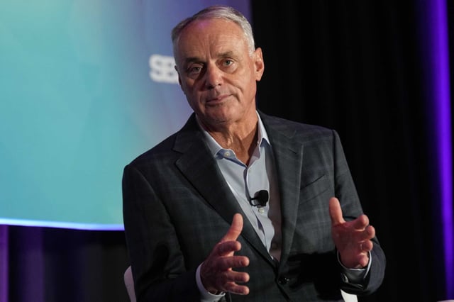 MLB Commissioner Rob Manfred speaks at the SBJ CAA World Congress of Sport, Tuesday, April 22, 2025, in Nashville, Tenn.