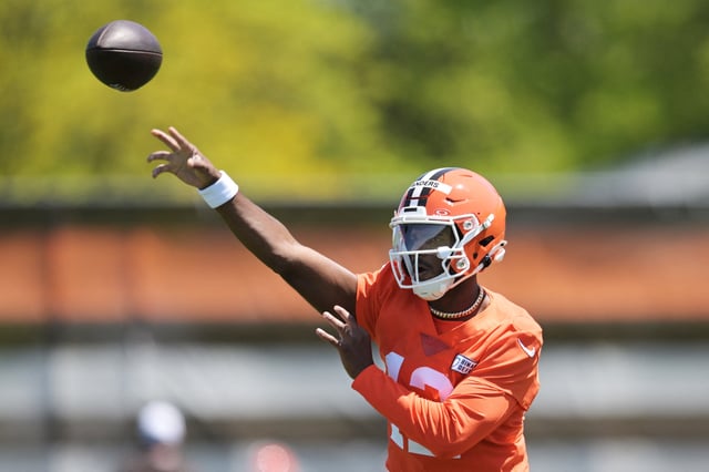 May 10, 2025; Berea, OH, USA; Cleveland Browns quarterback Shedeur Sanders (12) throws a pass during rookie minicamp at CrossCountry Mortgage Campus. Mandatory Credit: Ken Blaze-Imagn Images