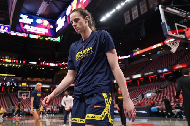 Caitlin Clark #22 of the Indiana Fever warms up prior to the Fever&#39;s home opener against the Chicago Sky at Gainbridge Fieldhouse on May 17, 2025 in Indianapolis, Indiana.